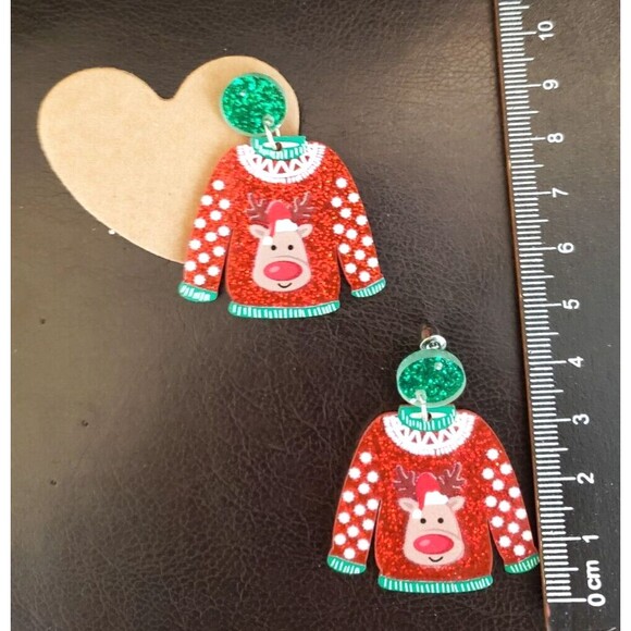 Ugly Christmas Sweater Earrings Reindeer Rudolph Red Nose  Red Glitter Back - Picture 1 of 2